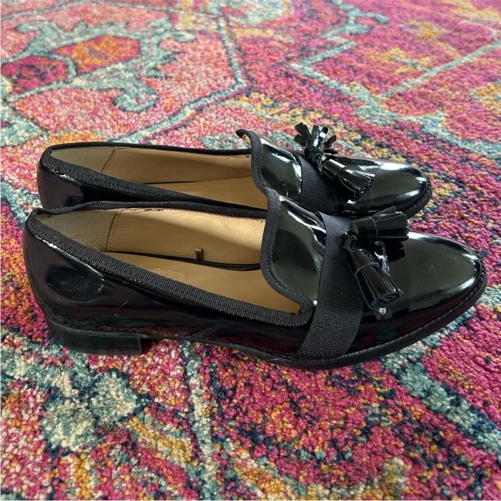 Zara | Women’s Elegant Black Patent Tassel Loafers Low Heel, Euro Size 38 US 7.5
